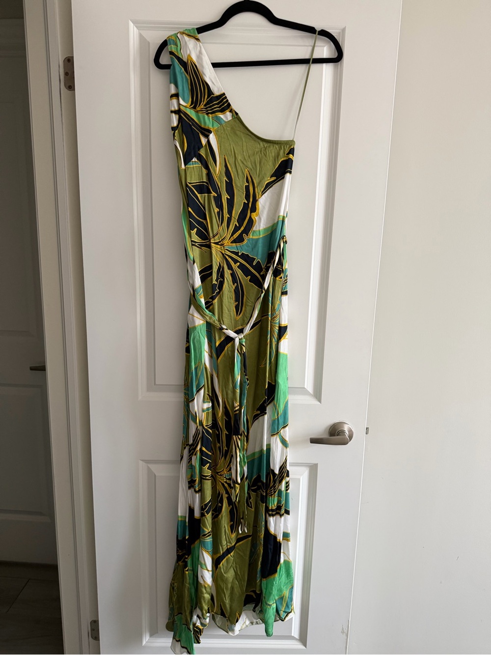 Reiss Green Multi Leaf-Print One-Shoulder Maxi Dress
